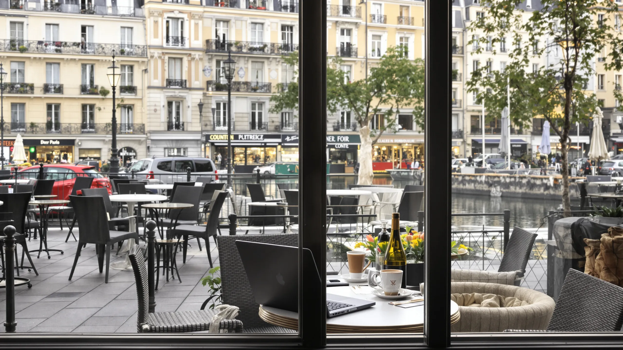 Blick aus einem Café auf eine französische Uferpromenade mit Haussmann-Fassaden