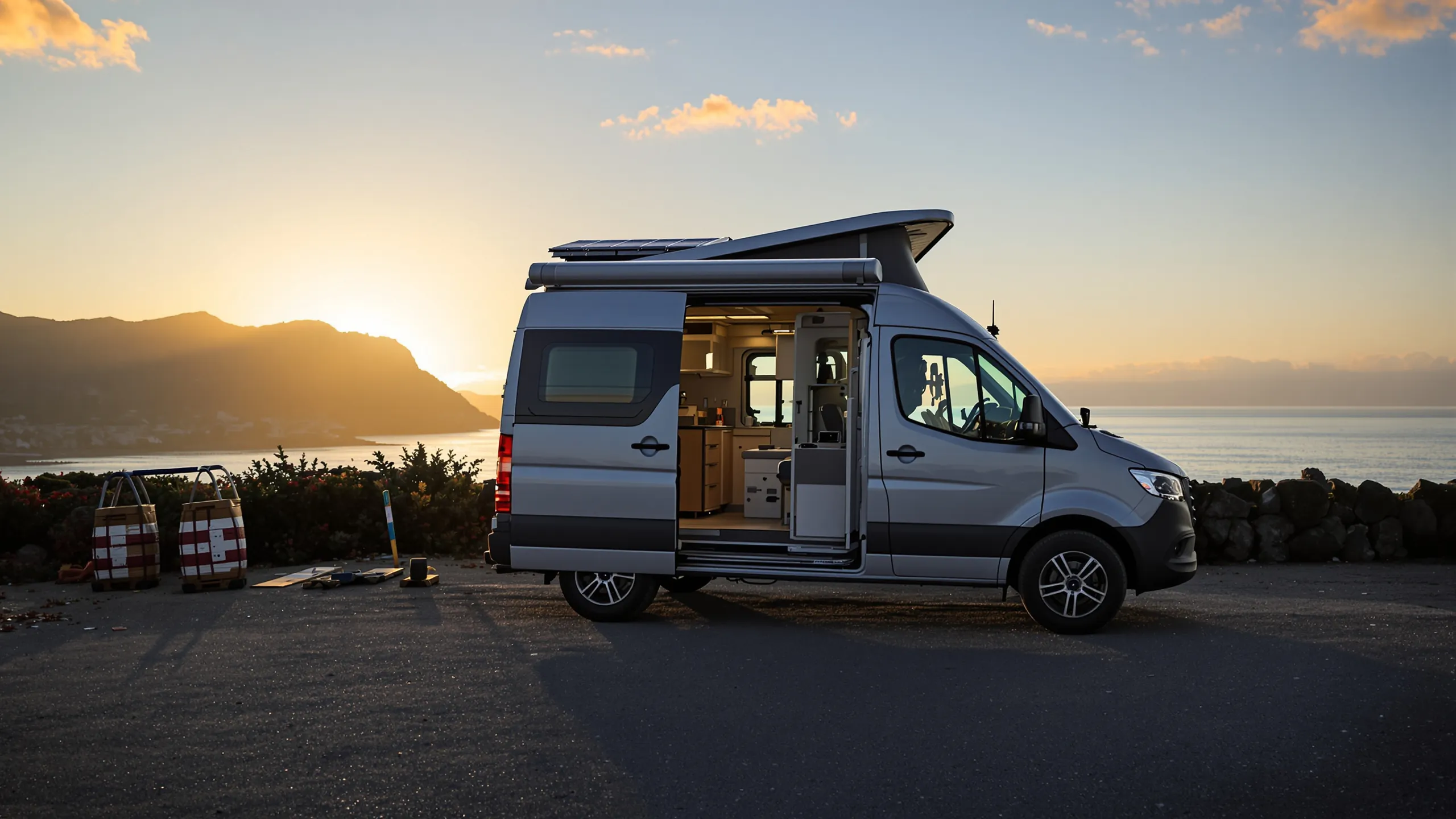 Campervan mit Aufstelldach auf einem Küstenstellplatz bei Sonnenuntergang