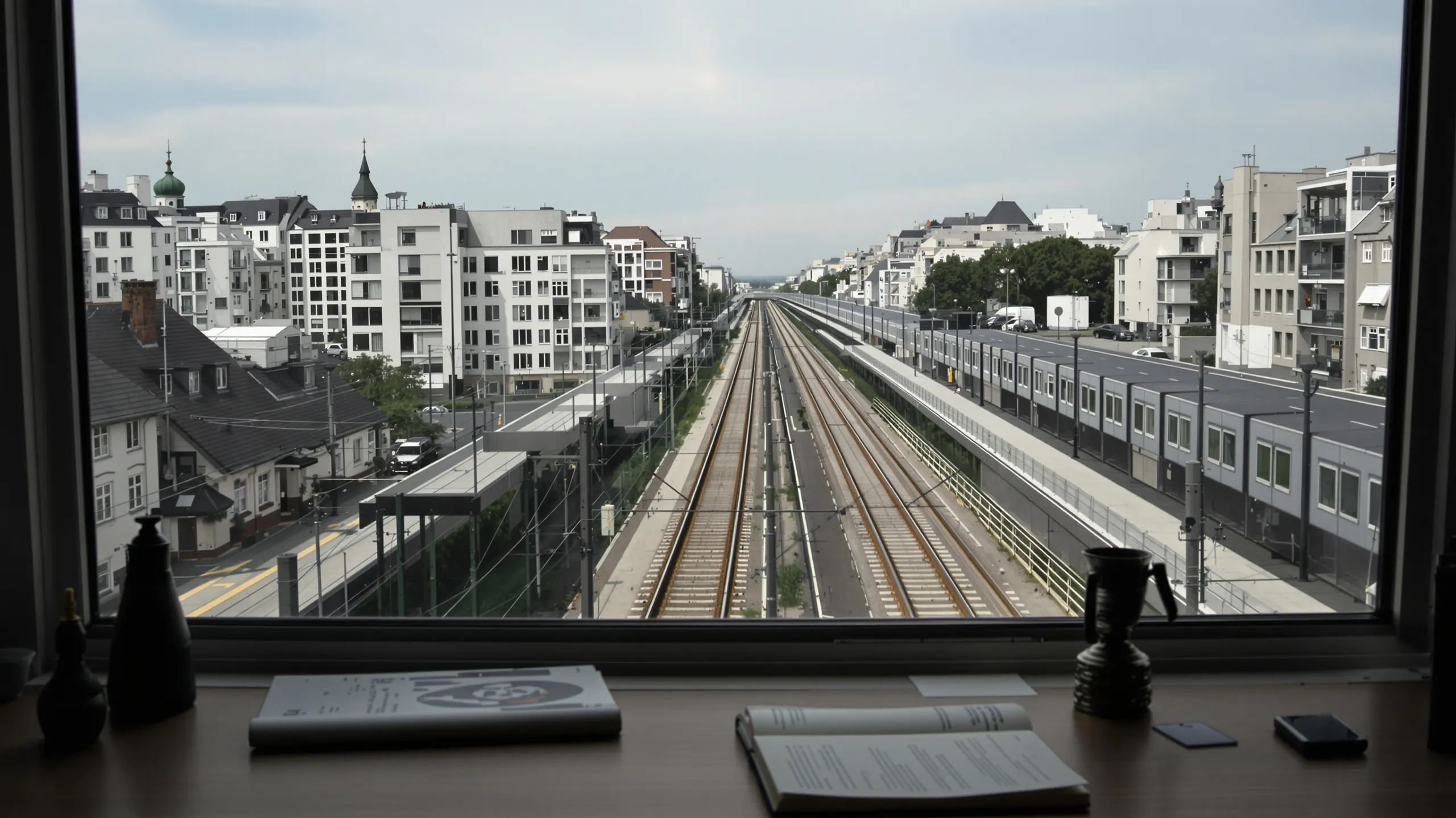 Schreibtisch am Fenster mit Notizbuch und Blick auf eine Bahnstrecke zwischen Stadthäusern