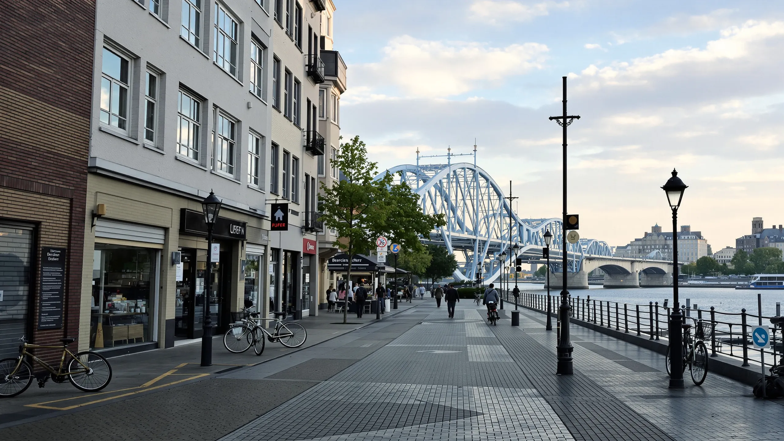 Uferpromenade mit Brücke und Geschäften in Berlin am frühen Abend