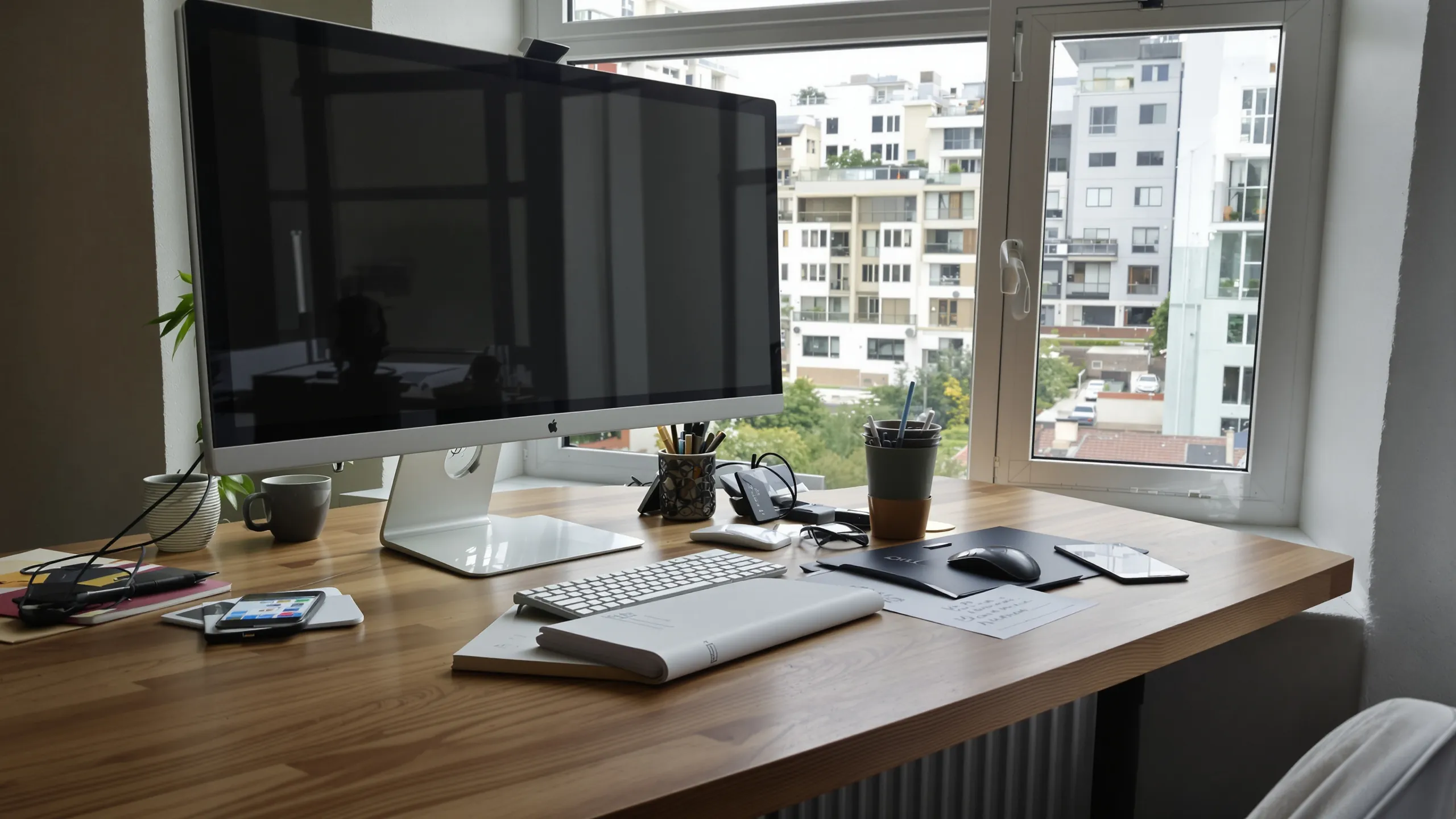 Aufgeräumter Schreibtisch mit Monitor am Fenster über einer Stadtstraße