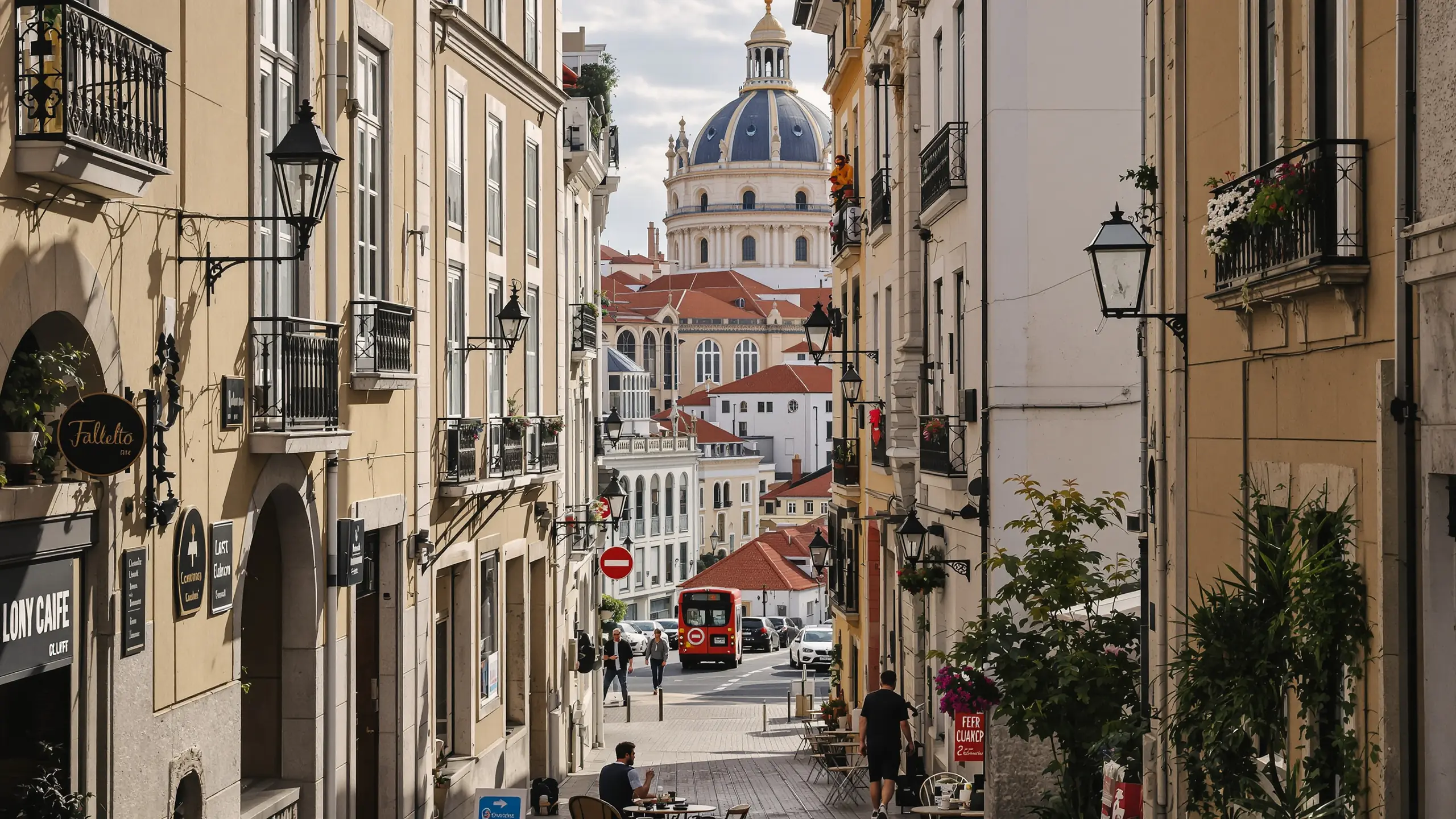 Altstadtgasse mit Blick auf eine Kuppel in Südeuropa