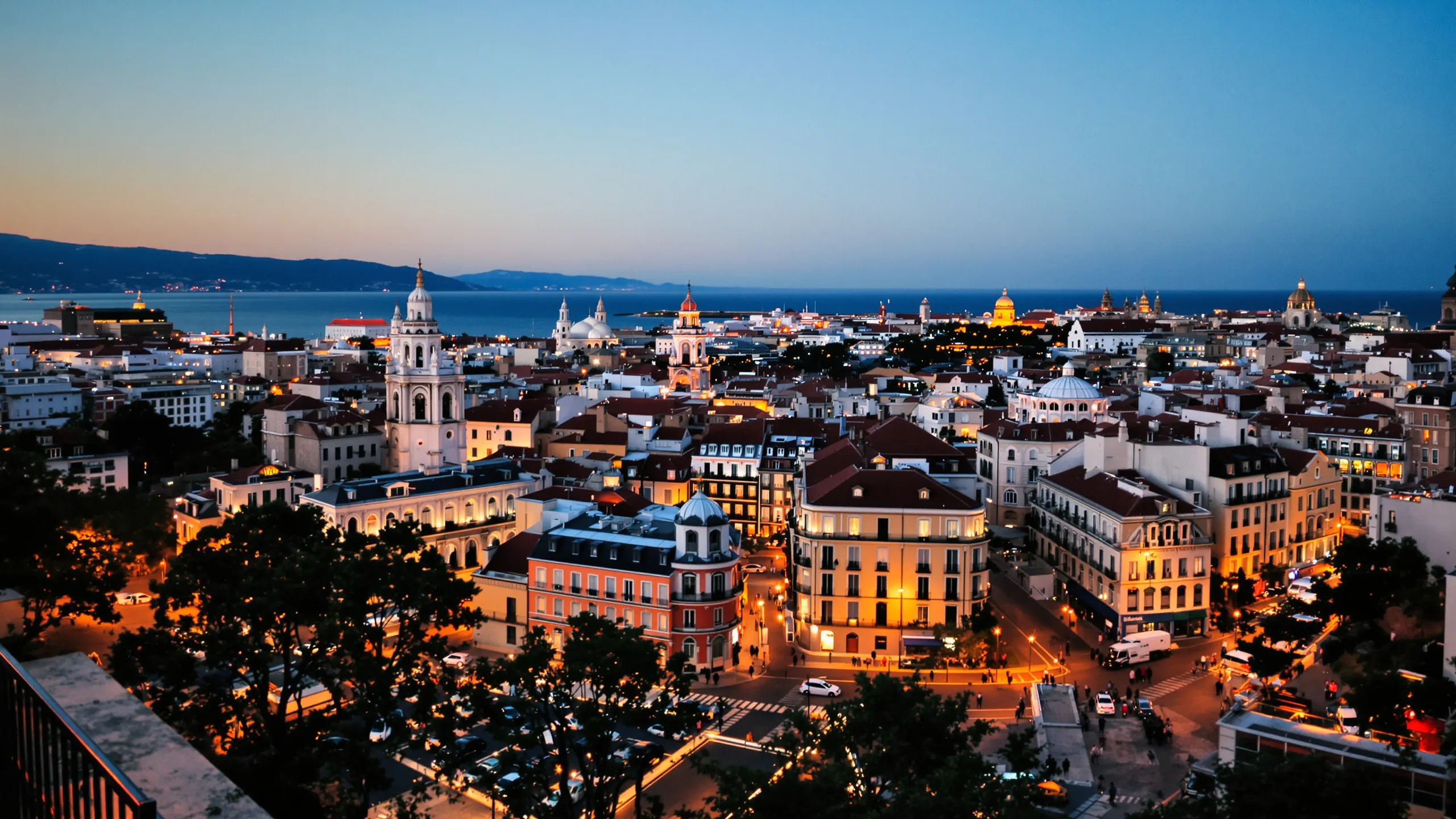 Abendliches Panorama einer europäischen Altstadt mit Meer am Horizont