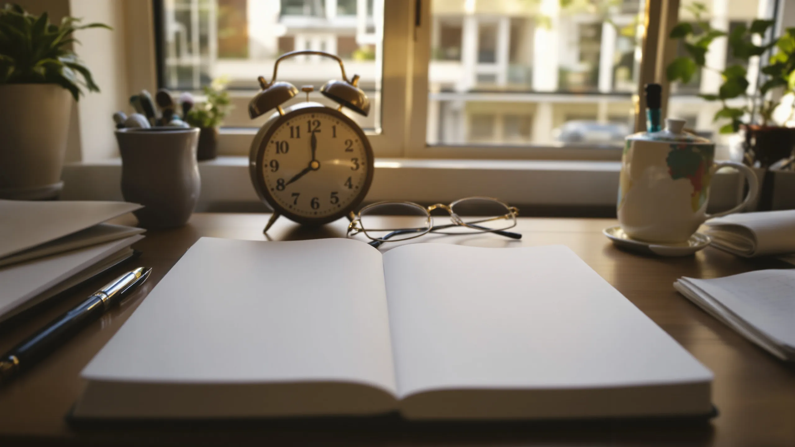 Aufgeschlagenes leeres Notizbuch mit Wecker, Brille und Kaffeetasse am Fenster