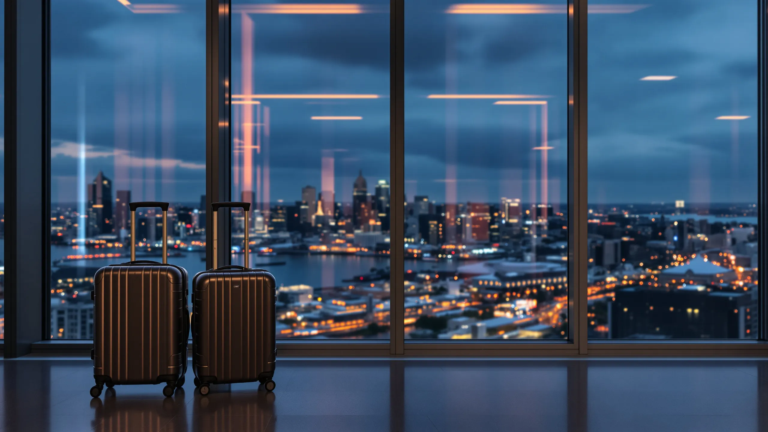 Zwei Rollkoffer vor einem Panoramafenster mit nächtlicher Skyline