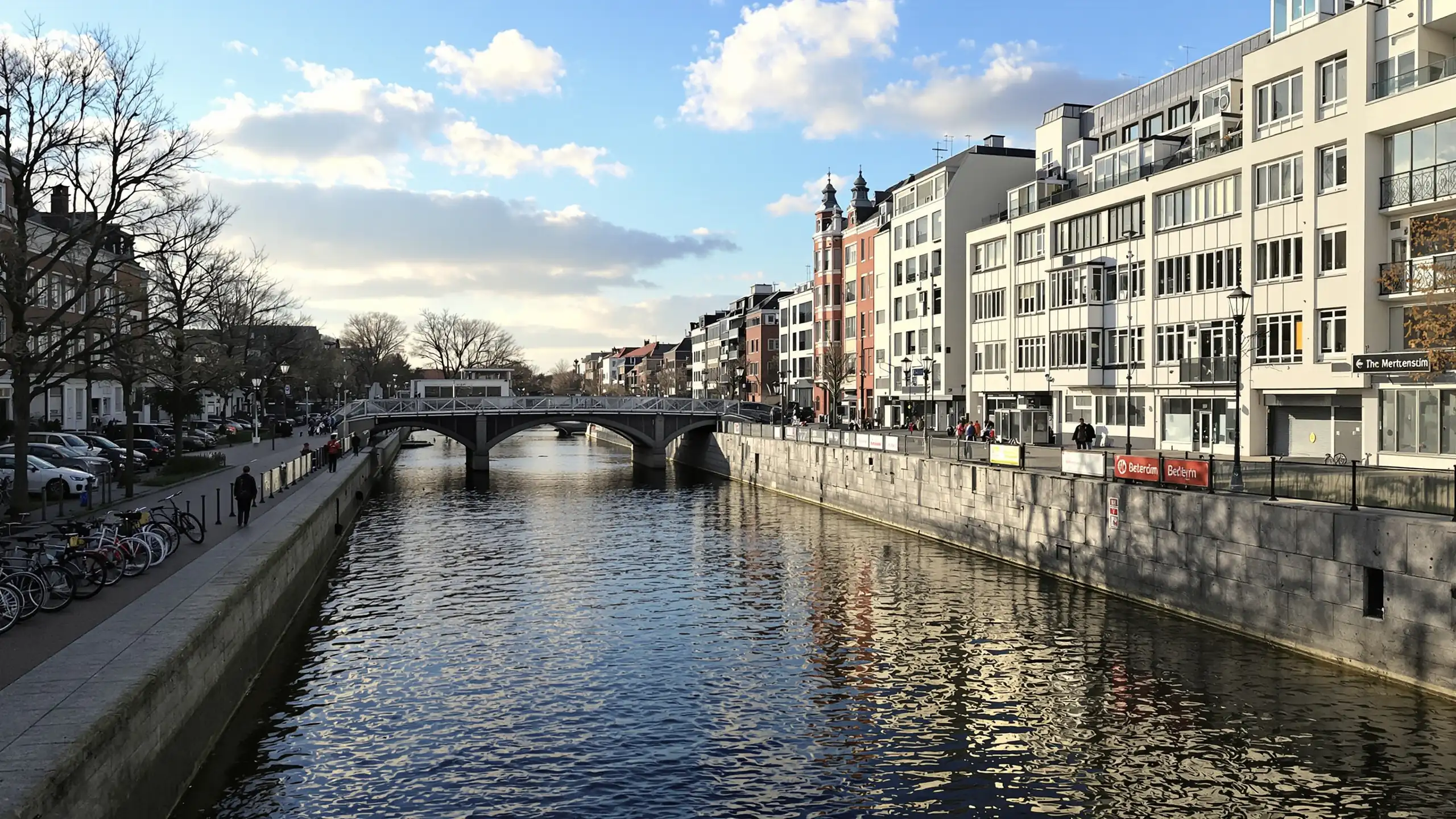 Kanal mit Brücke und Stadthäusern in einer deutschen Stadt am Abend