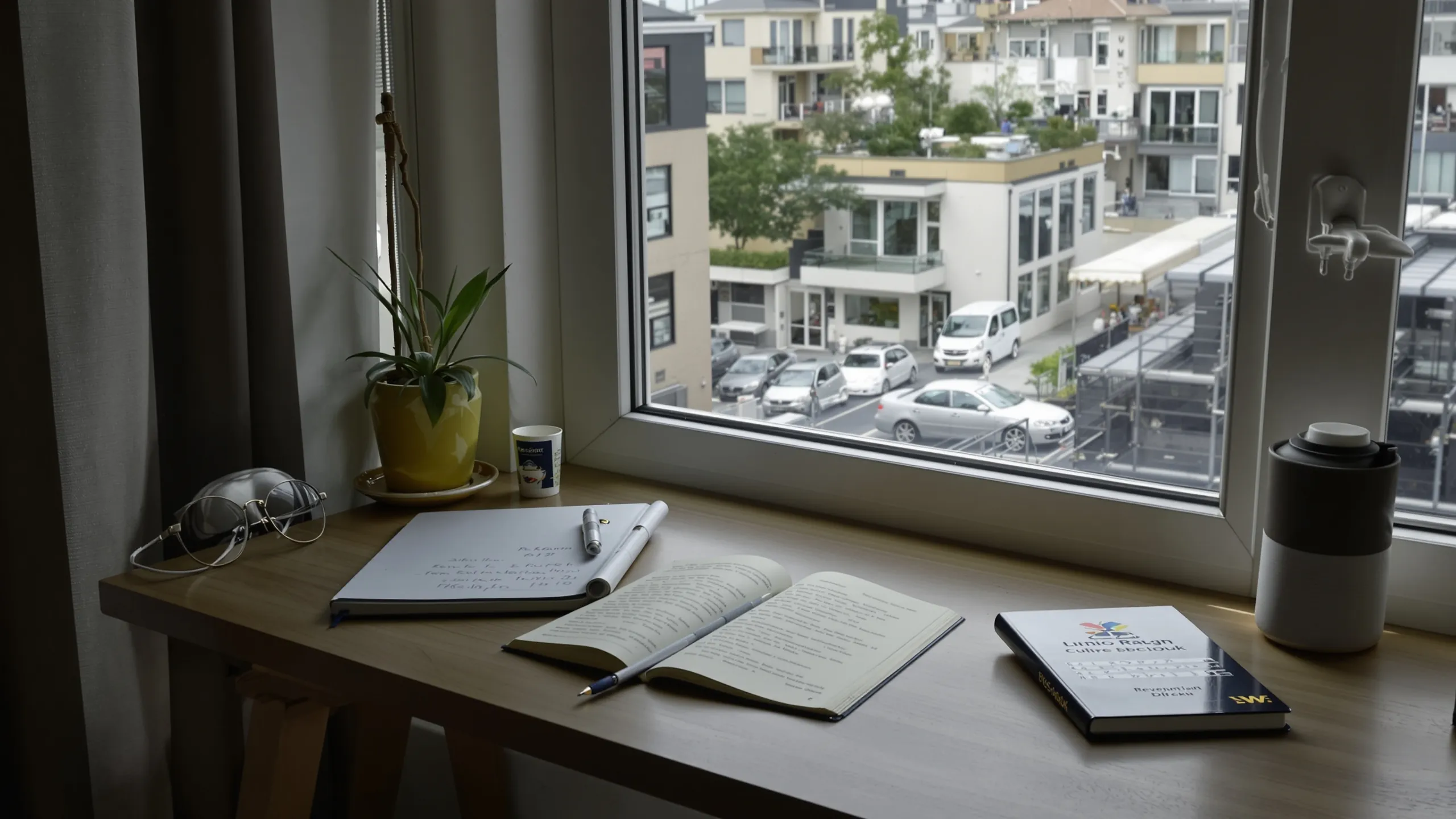 Schreibtisch am Fenster mit Notizbüchern und Blick auf eine Wohnstraße
