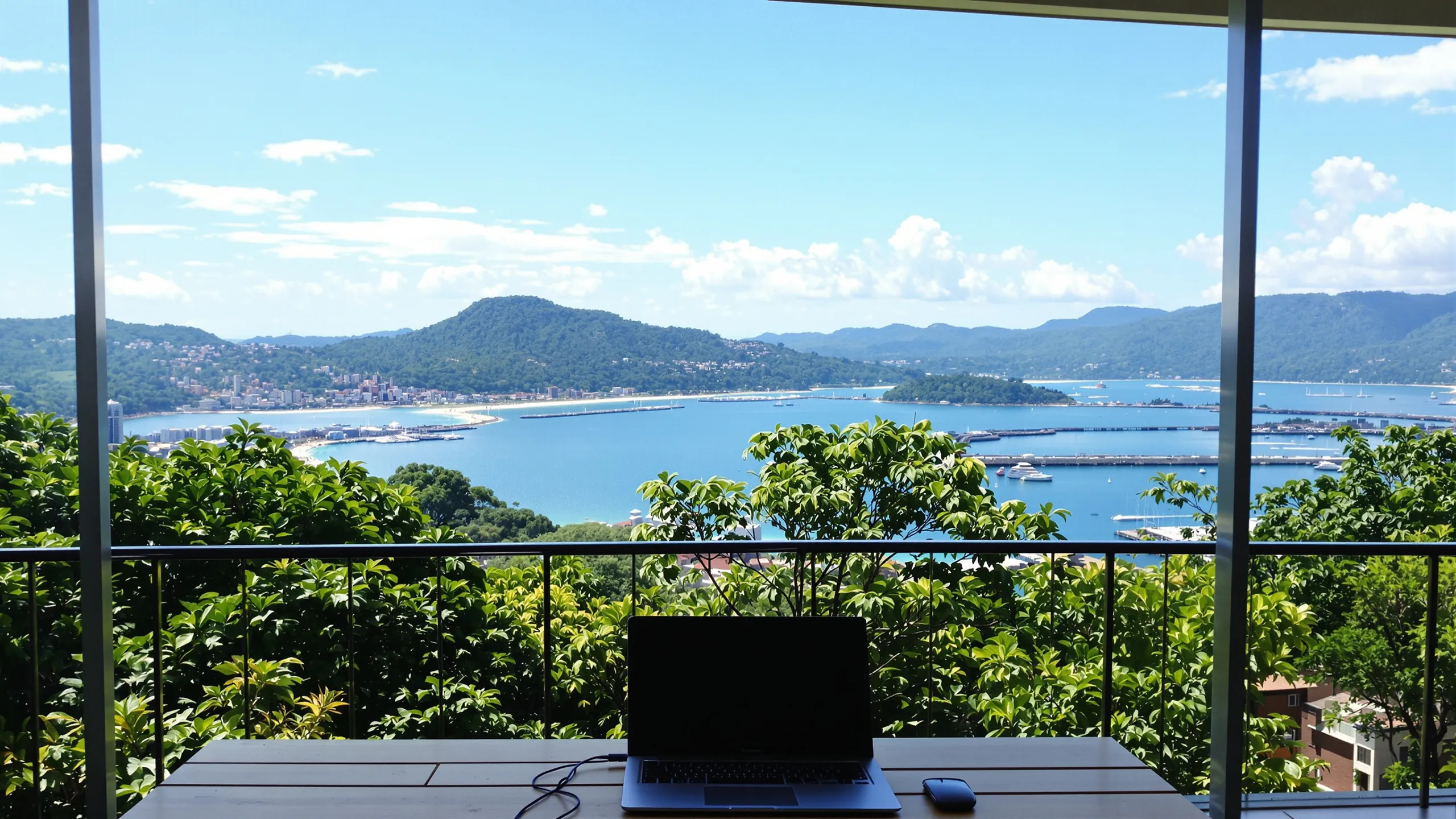 Blick von einer Terrasse mit Laptop über eine grüne Bucht mit Hafenstadt
