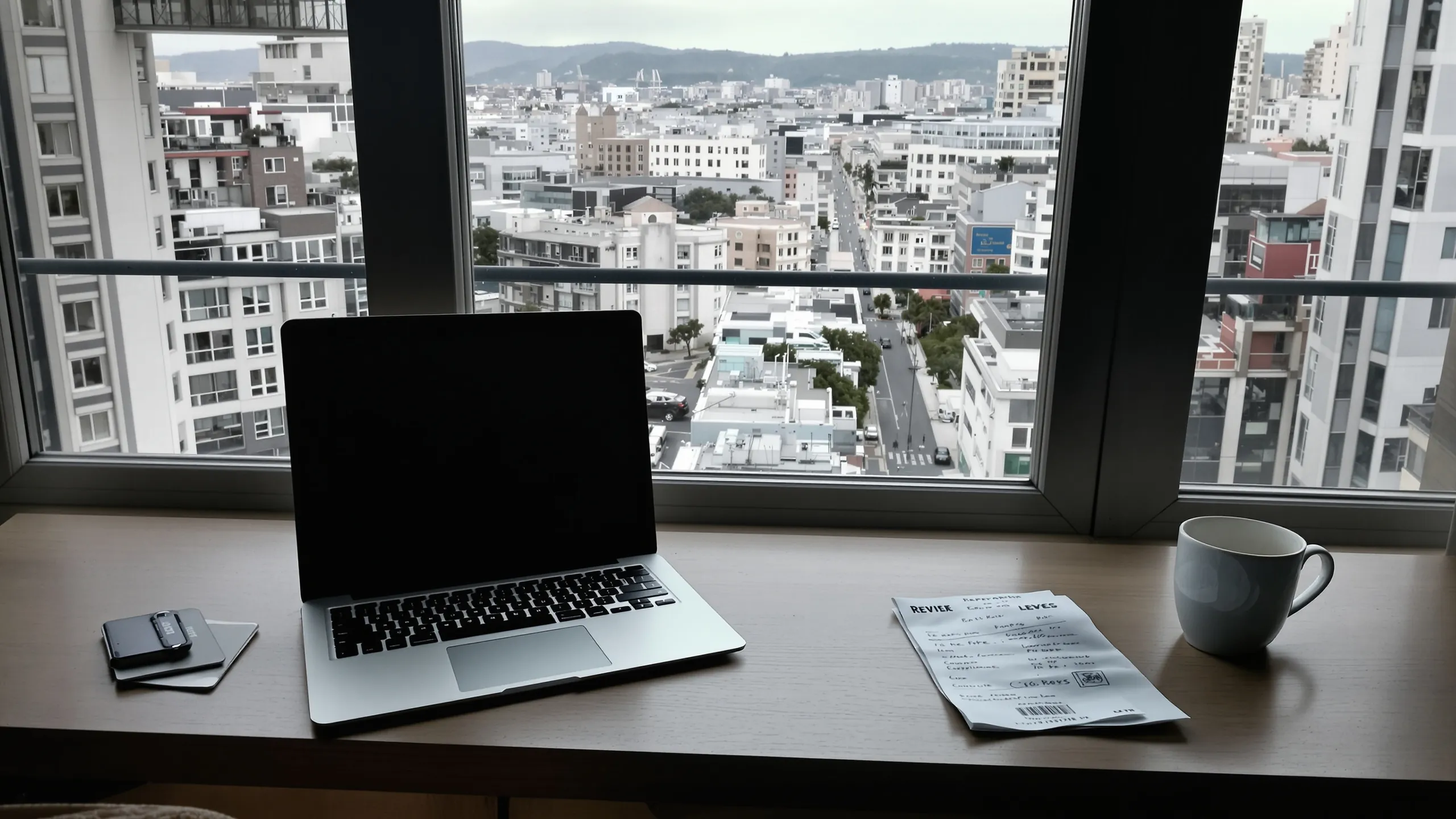 Laptop und Kaffeetasse am Fenster hoch über einer weißen Stadt