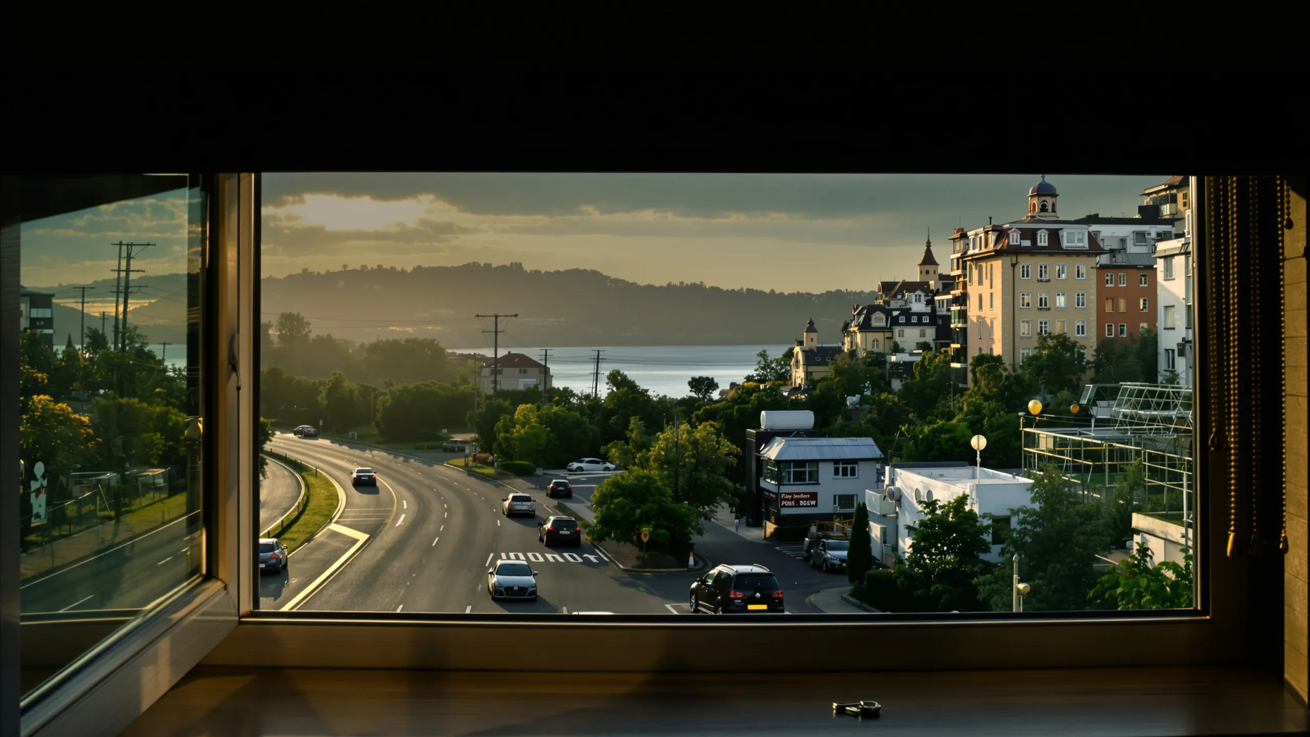 Blick aus dem Fenster auf eine Küstenstraße und eine Stadt am Wasser im Abendlicht