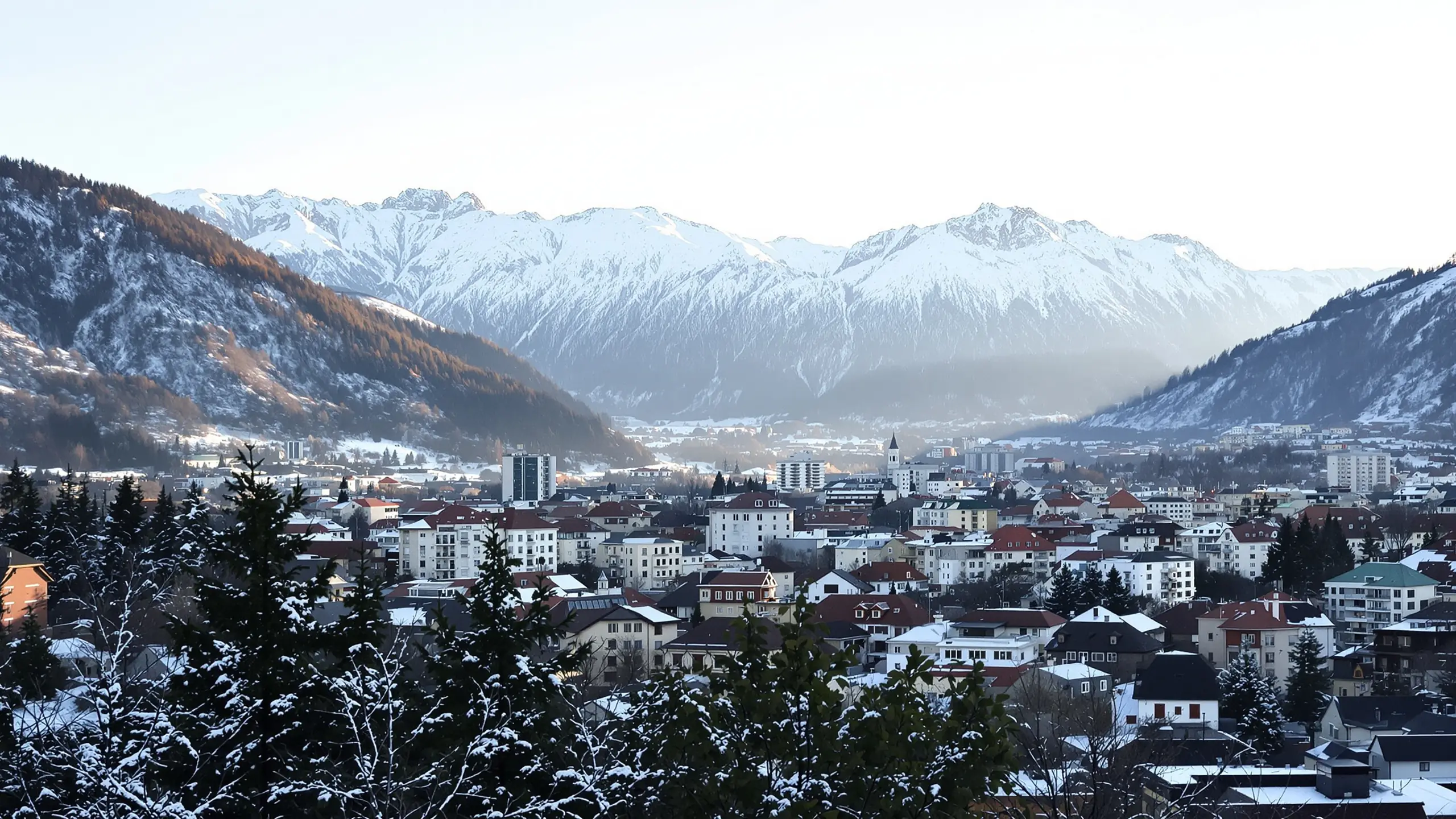 Verschneite Stadt am Fuß eines Gebirges in Bulgarien im Winterlicht
