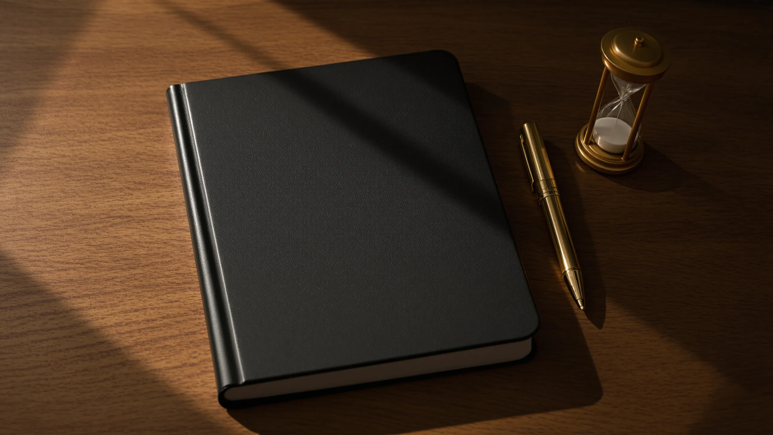 Schwarzes Notizbuch mit Stift und Sanduhr auf einem Holzschreibtisch