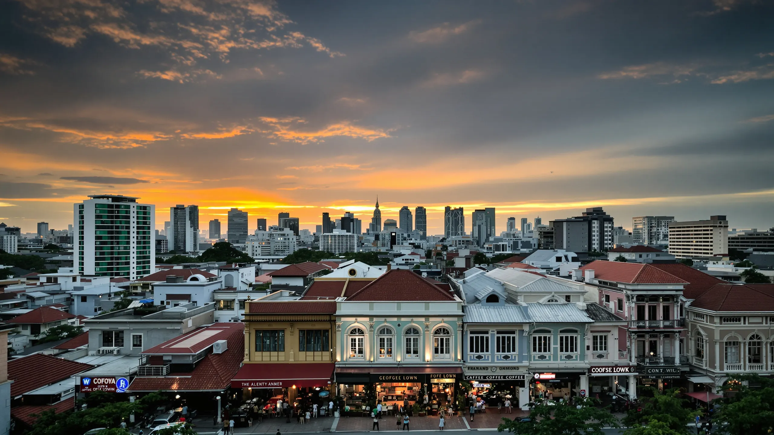 Altstadt-Shophouses und moderne Skyline in Malaysia in der Abenddämmerung