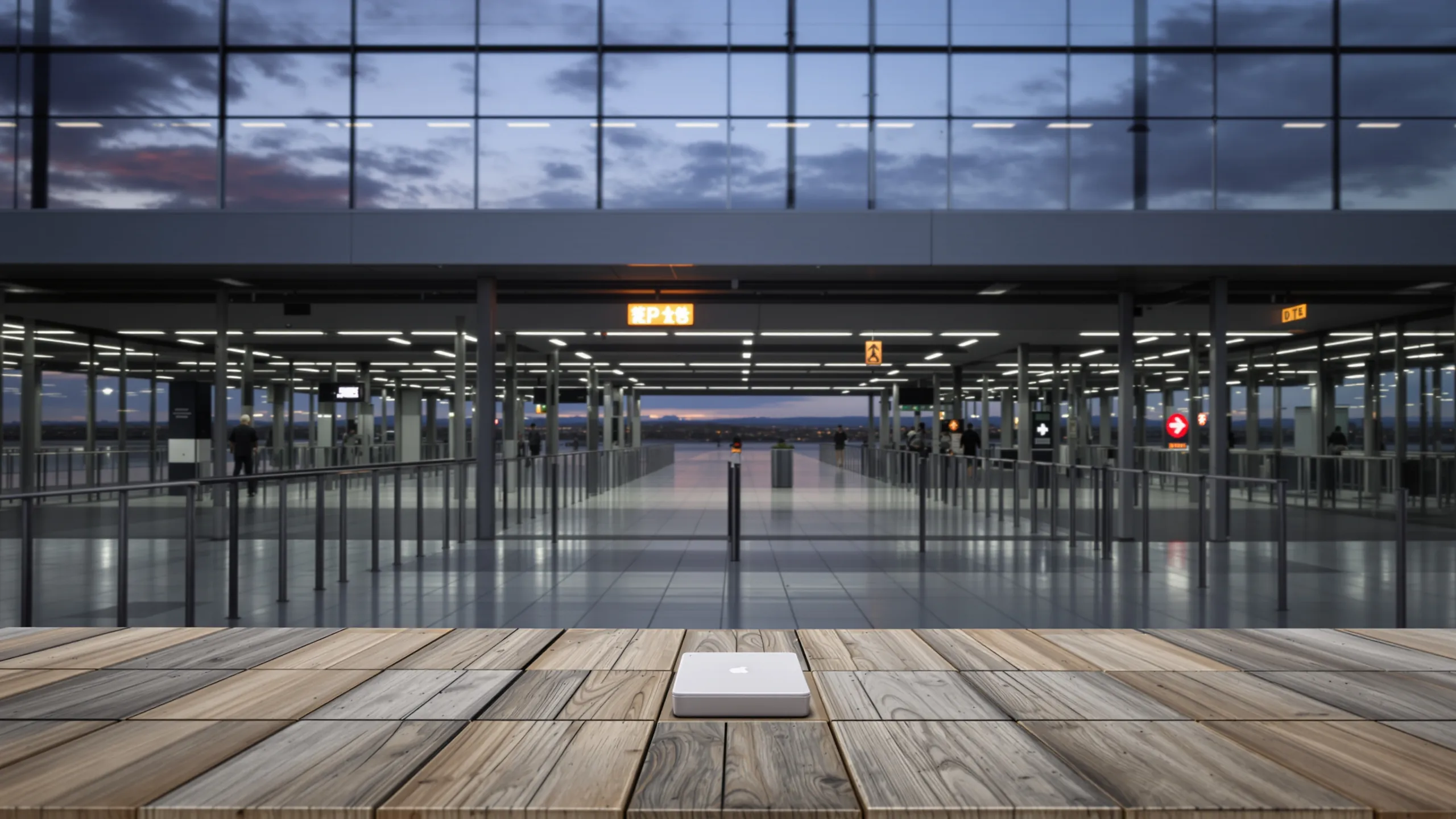 Leere verglaste Flughafenhalle in der Morgendämmerung