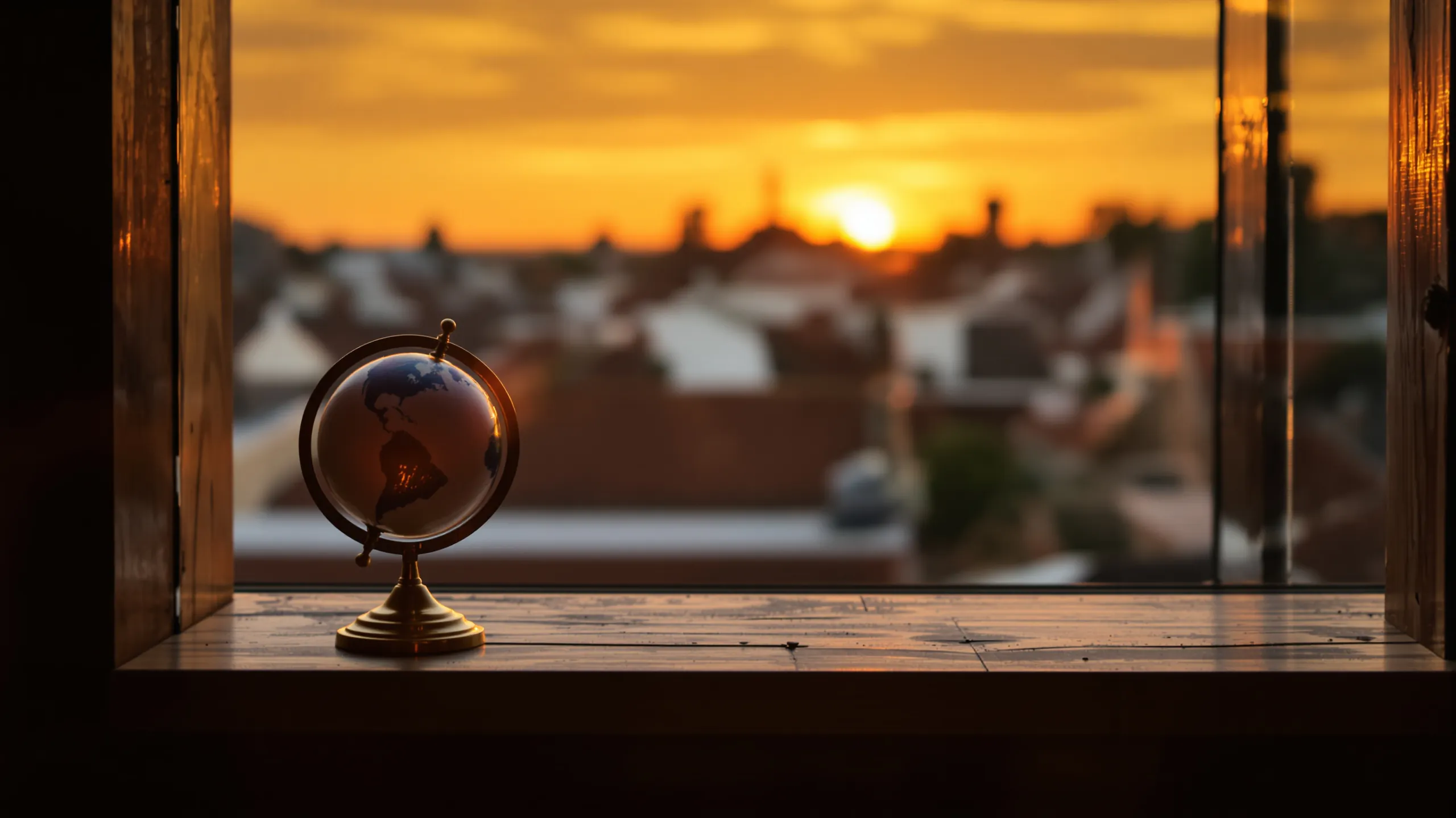 Kleiner Globus auf einer Fensterbank vor dem Sonnenuntergang über Dächern