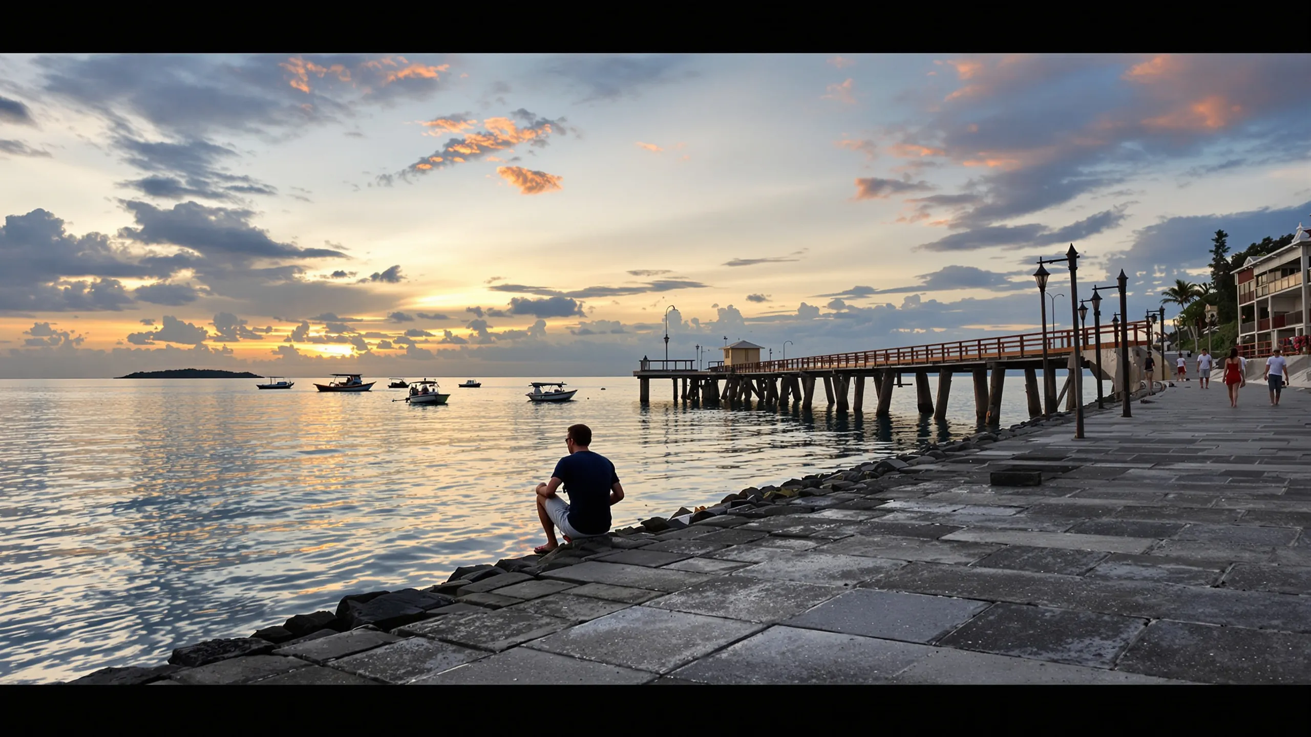 Uferpromenade mit Pier auf Koh Phangan bei Sonnenuntergang, Fischerboote im Wasser