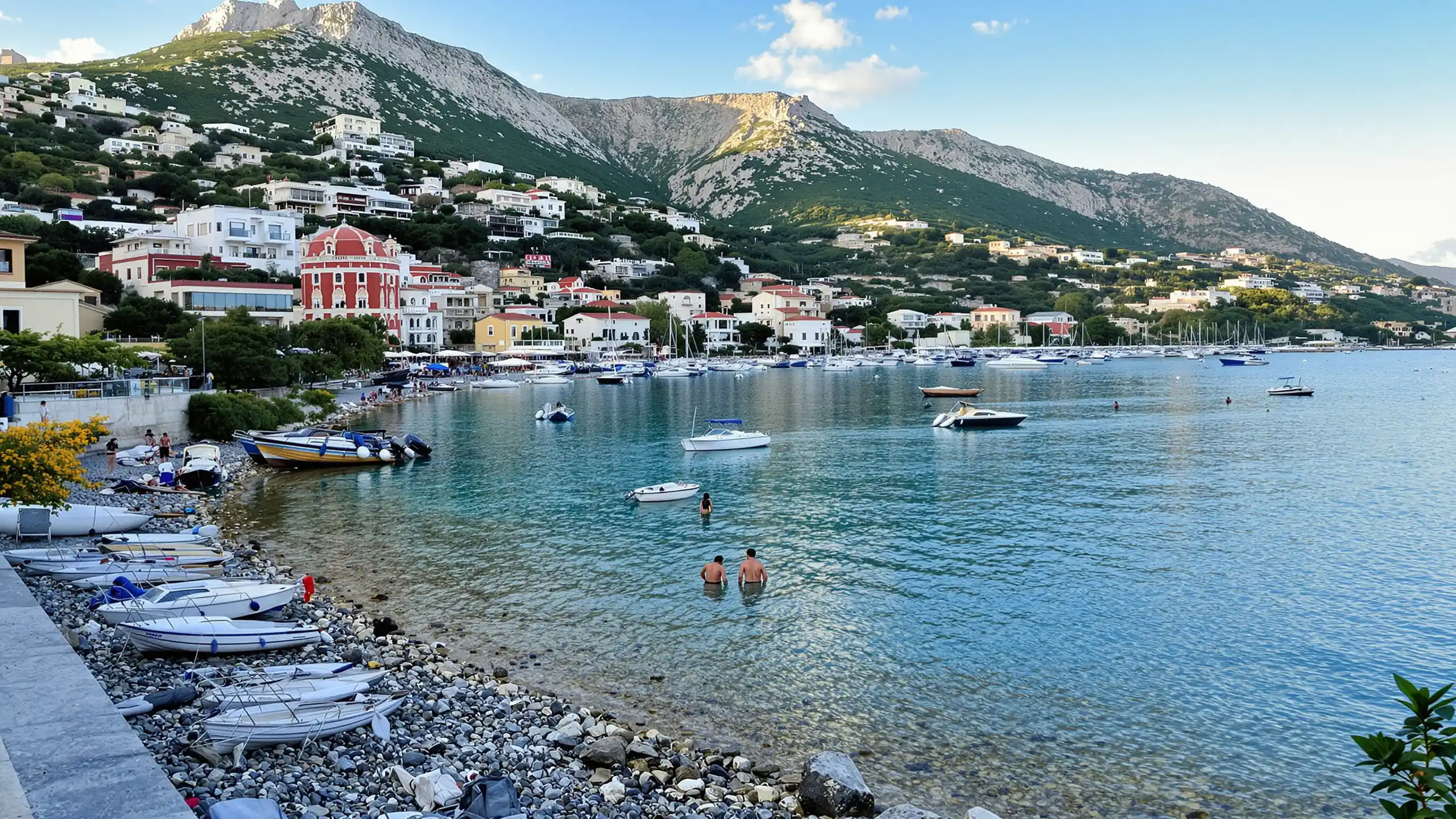 Bucht an der albanischen Riviera mit Booten, Kiesstrand und Bergkulisse im Abendlicht