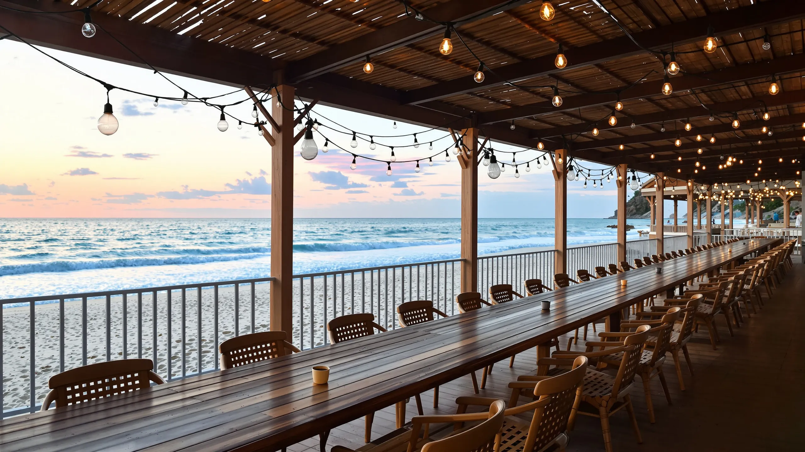 Lange gedeckte Tafel unter Lichterketten mit Blick aufs Meer