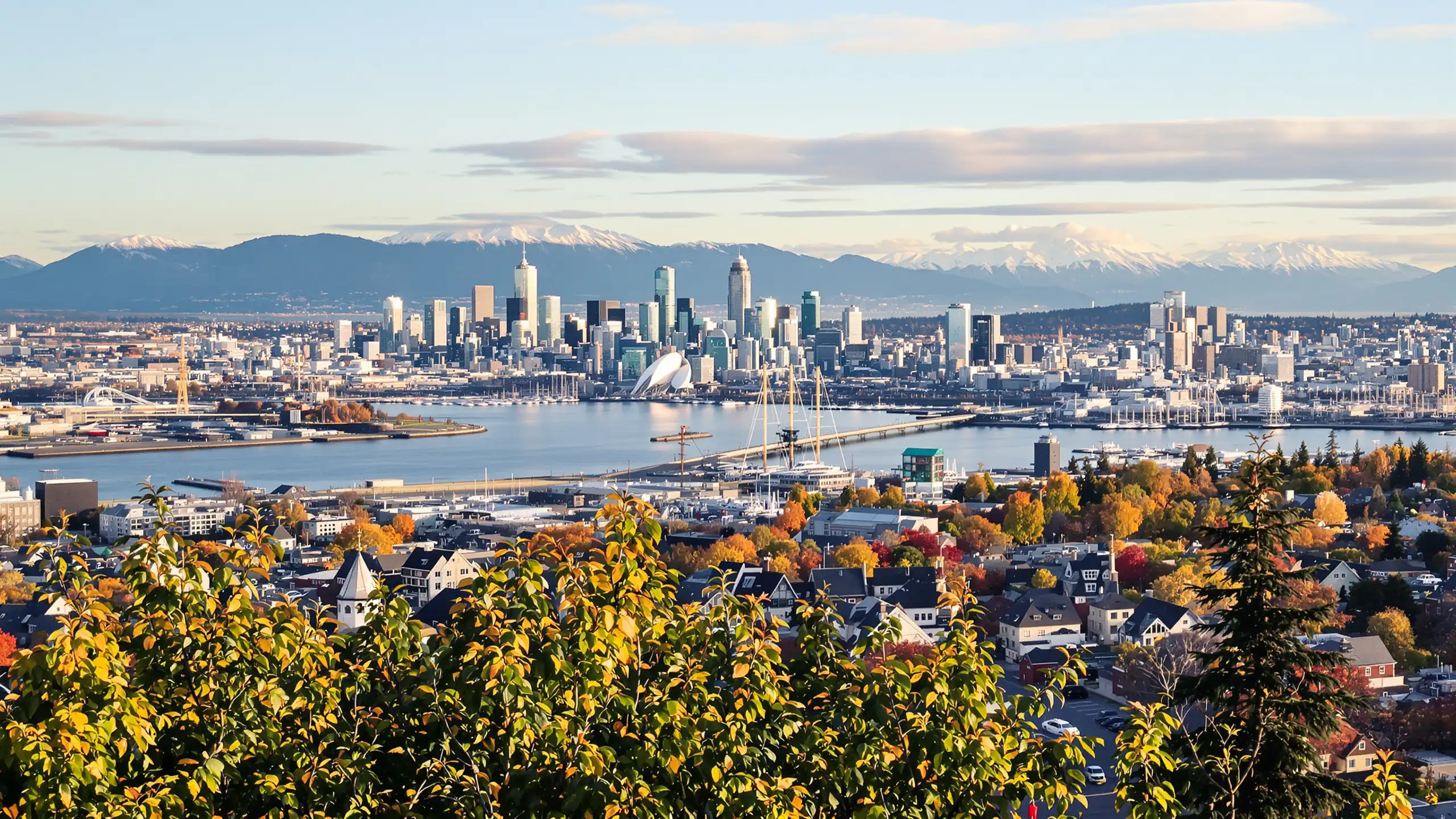 Herbstlicher Blick über Vororte auf die Skyline von Vancouver mit schneebedeckten Bergen