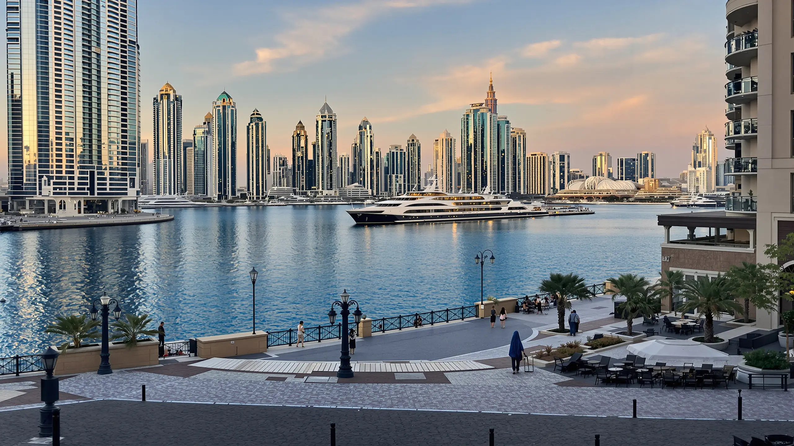 Uferpromenade an der Dubai Marina mit Hochhäusern im Abendlicht