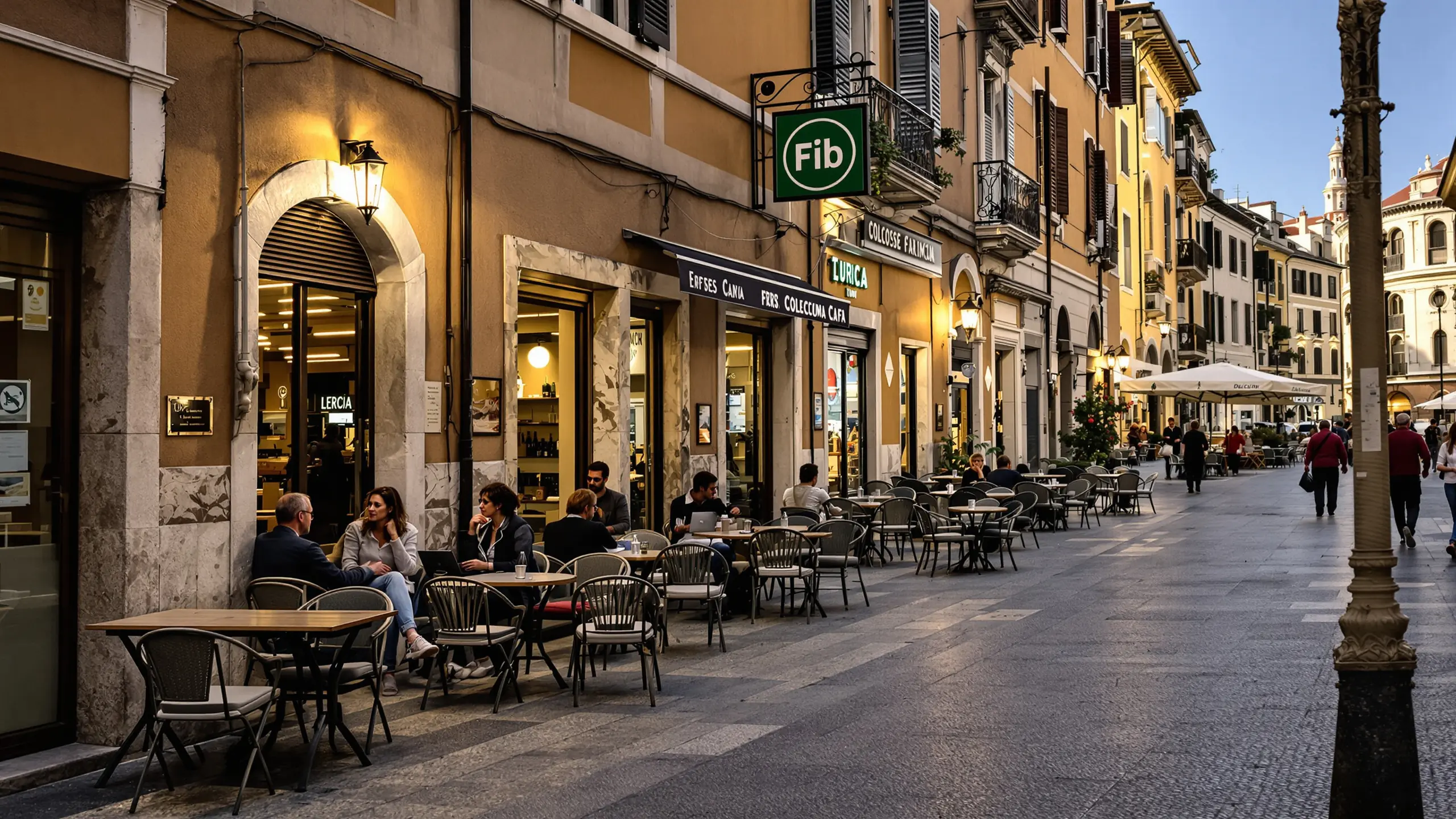 Abendliche Altstadtgasse in Italien mit Straßencafés und Laternen