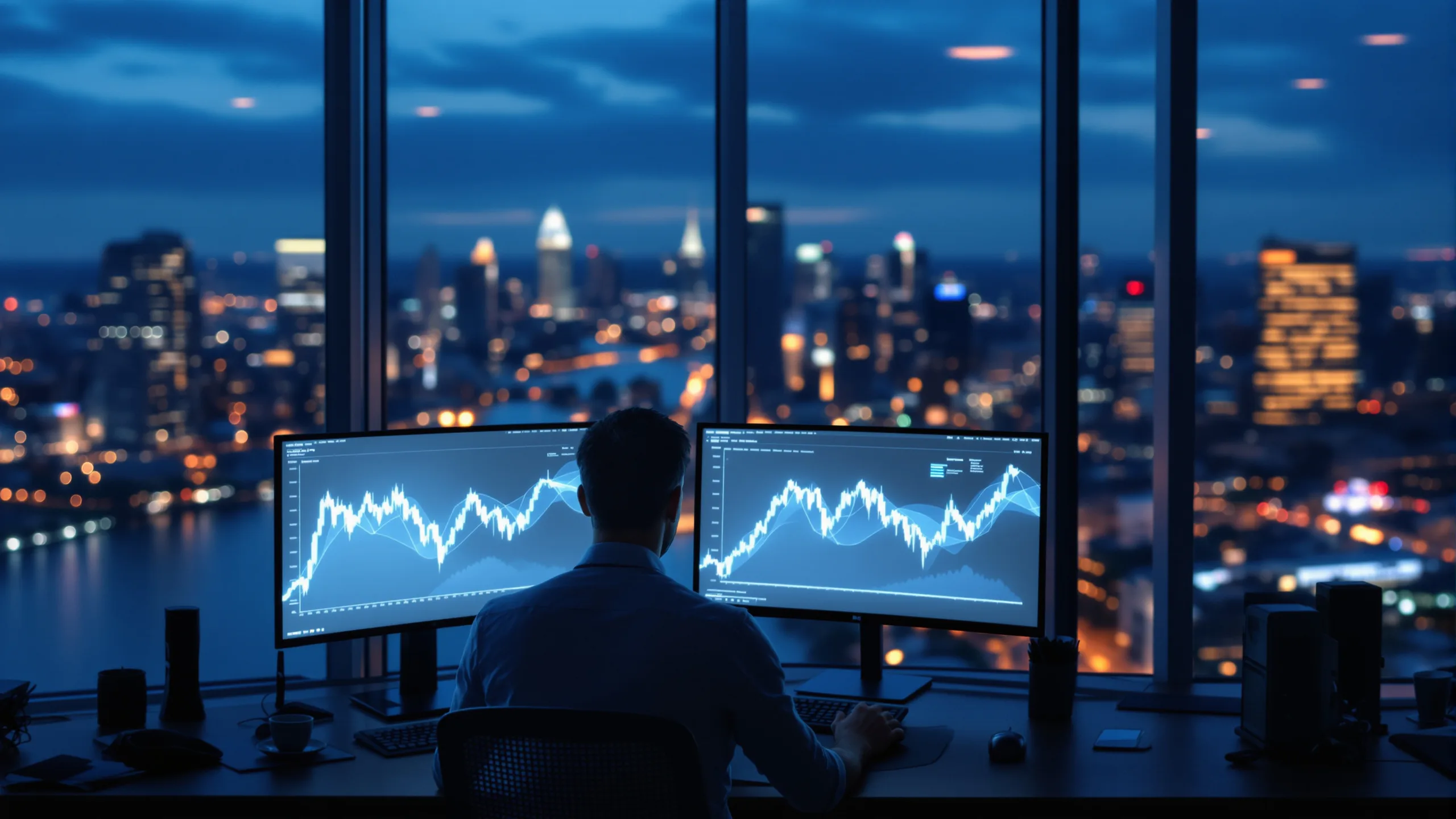 Arbeitsplatz mit zwei Monitoren vor einer abendlichen Skyline am Wasser