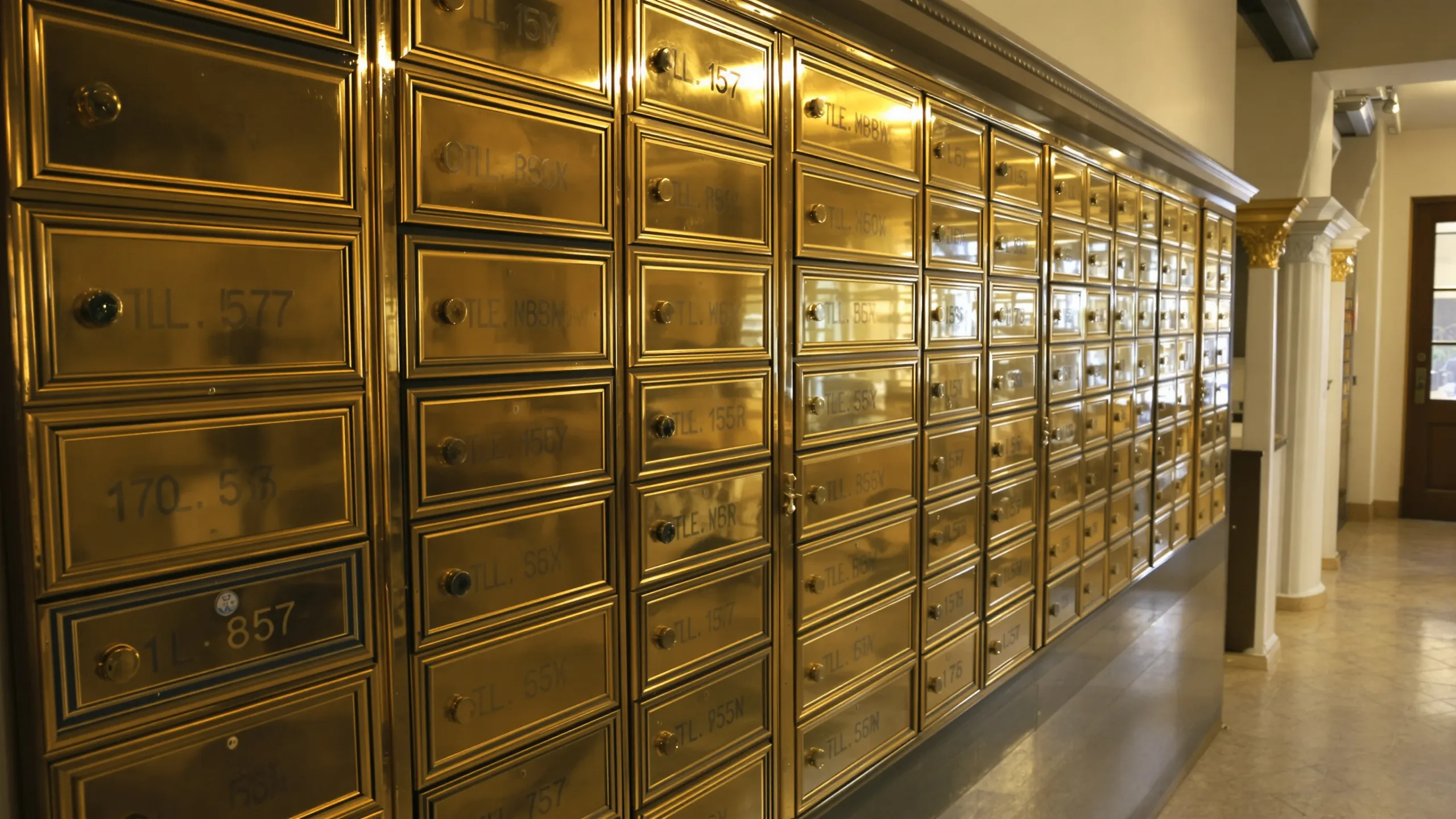 Briefkastenanlage aus Messing in einem Altbauflur