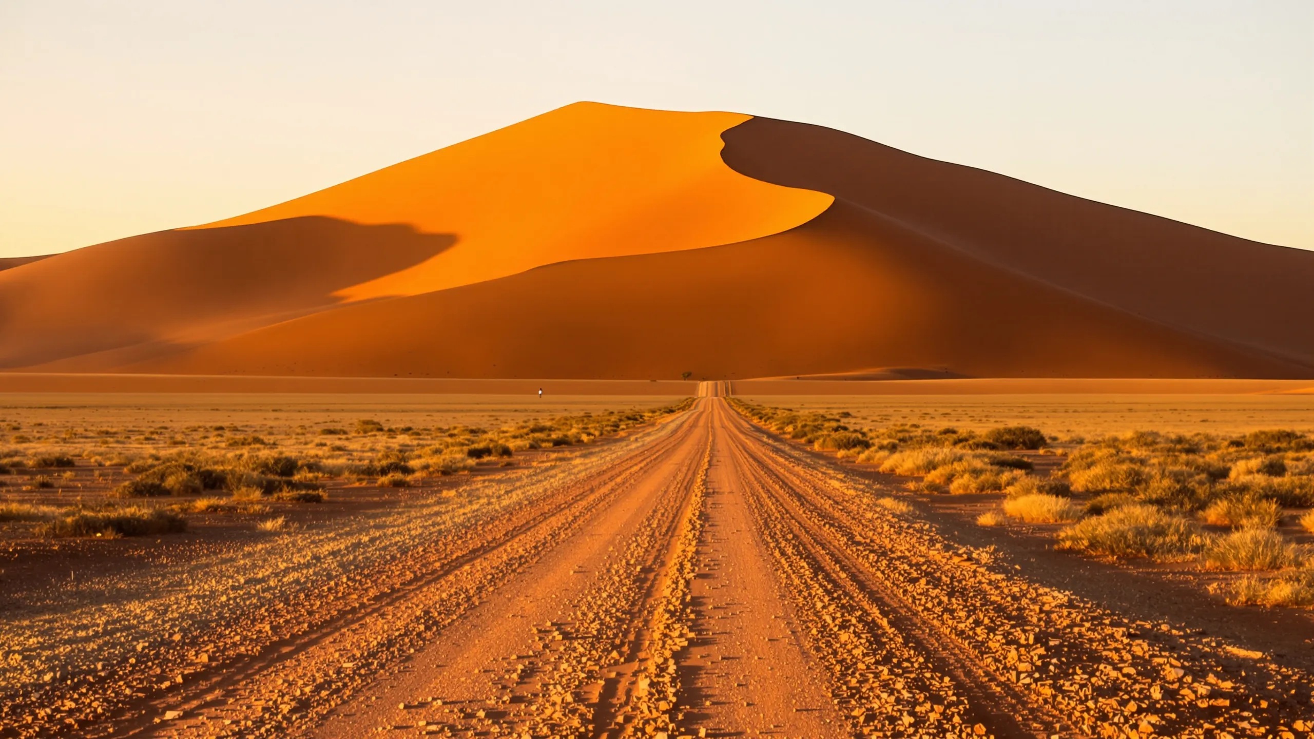 Schotterpiste führt auf eine rote Sanddüne der Namib zu