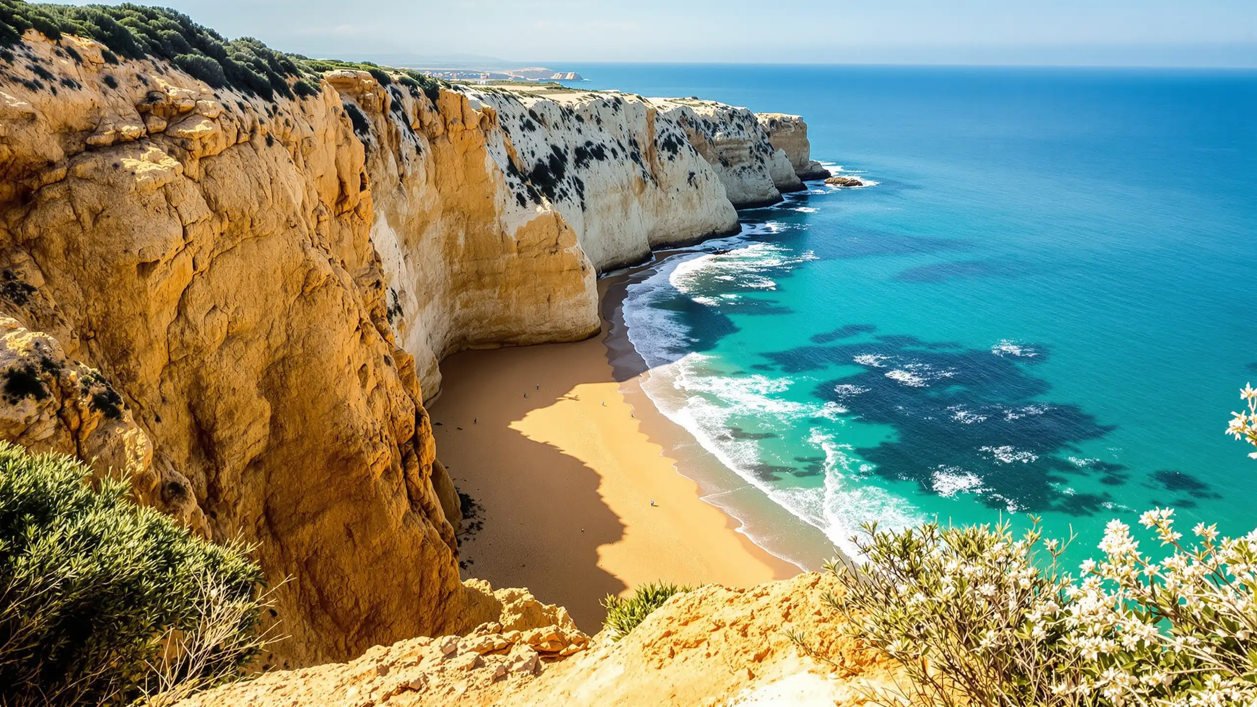 Steilklippen und türkisfarbene Bucht an der Algarve