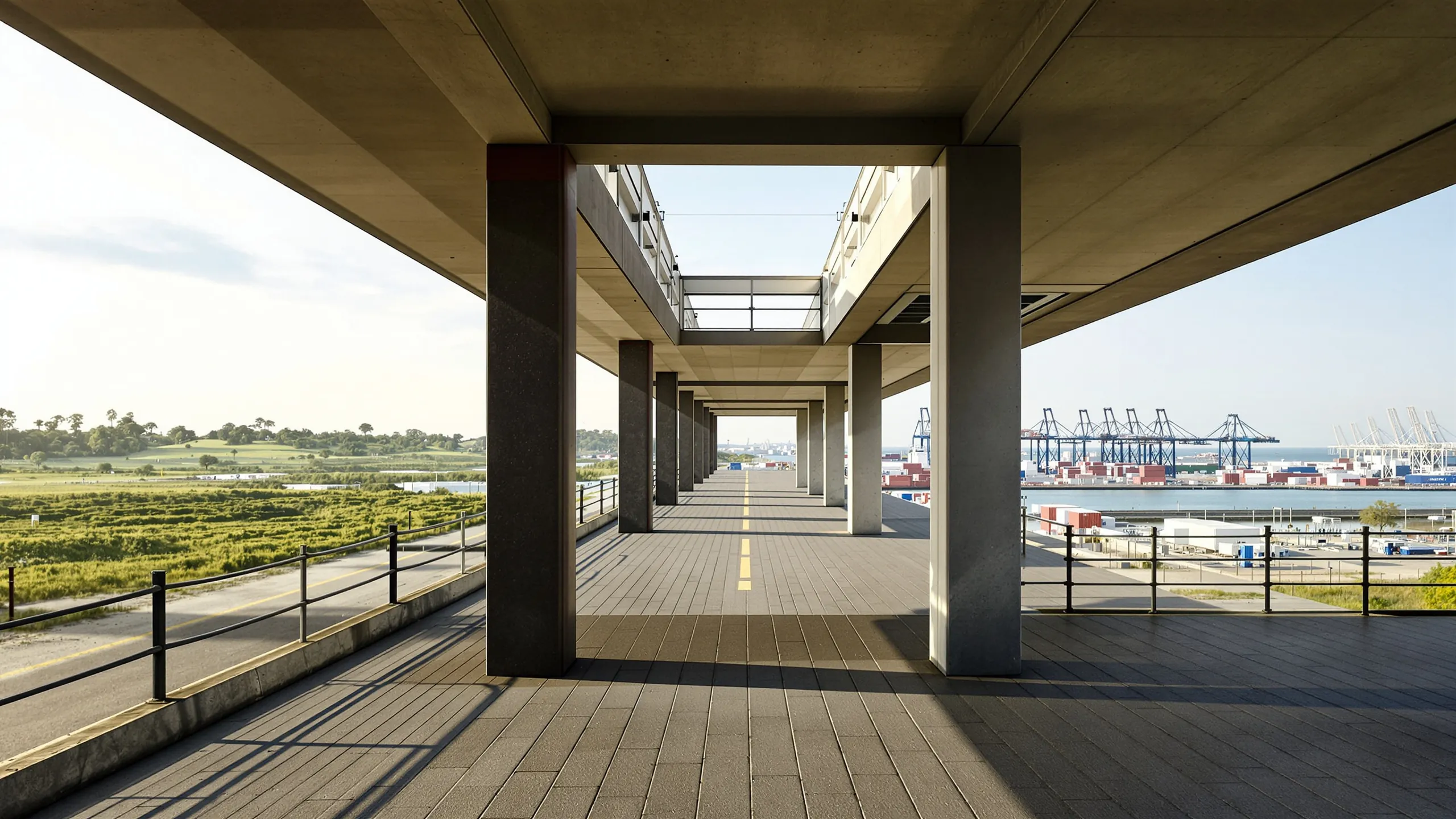 Klare Betonarchitektur einer Promenade mit Blick auf einen Containerhafen