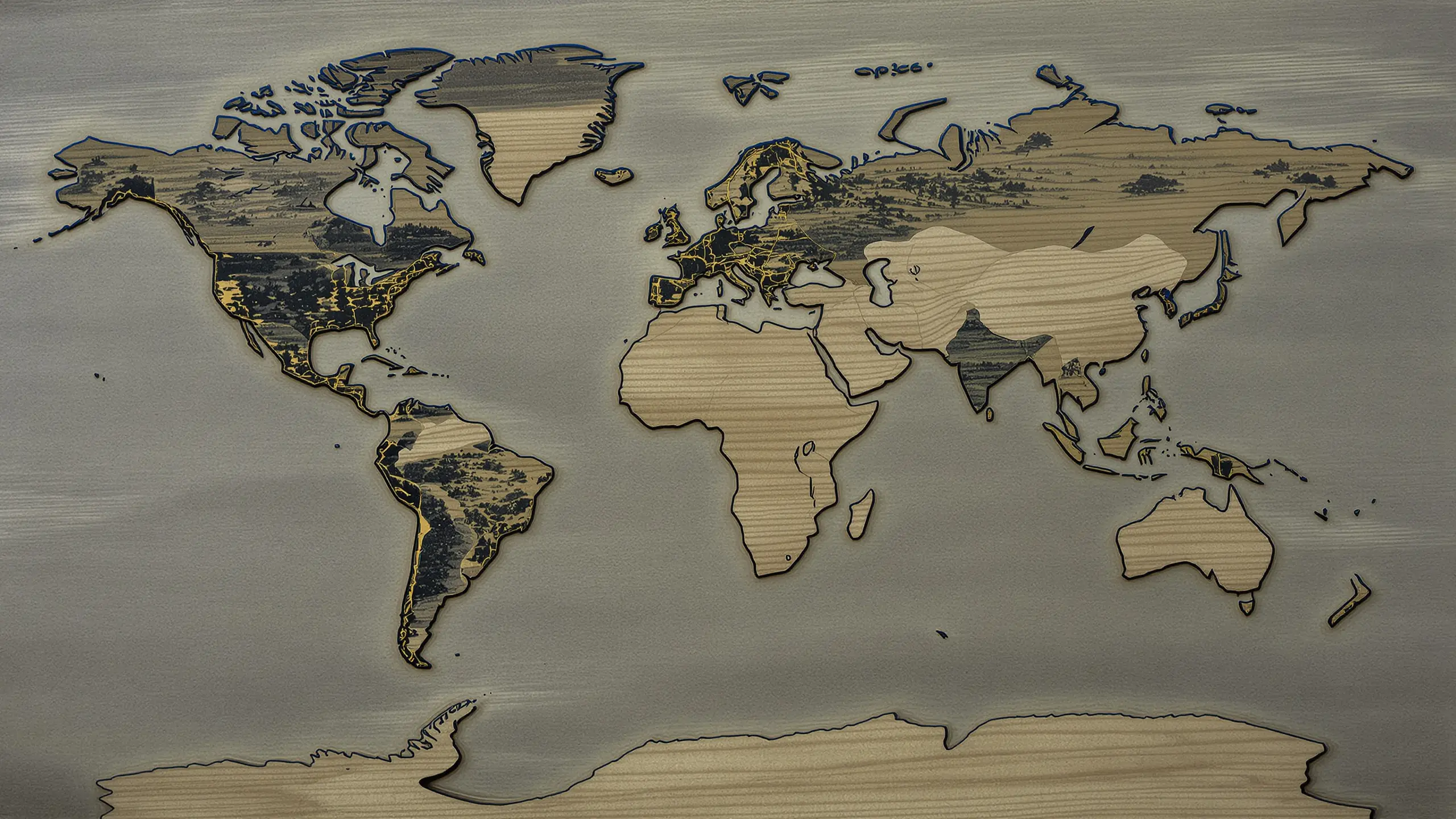Weltkarte als Holzrelief mit hervorgehobenen Kontinenten