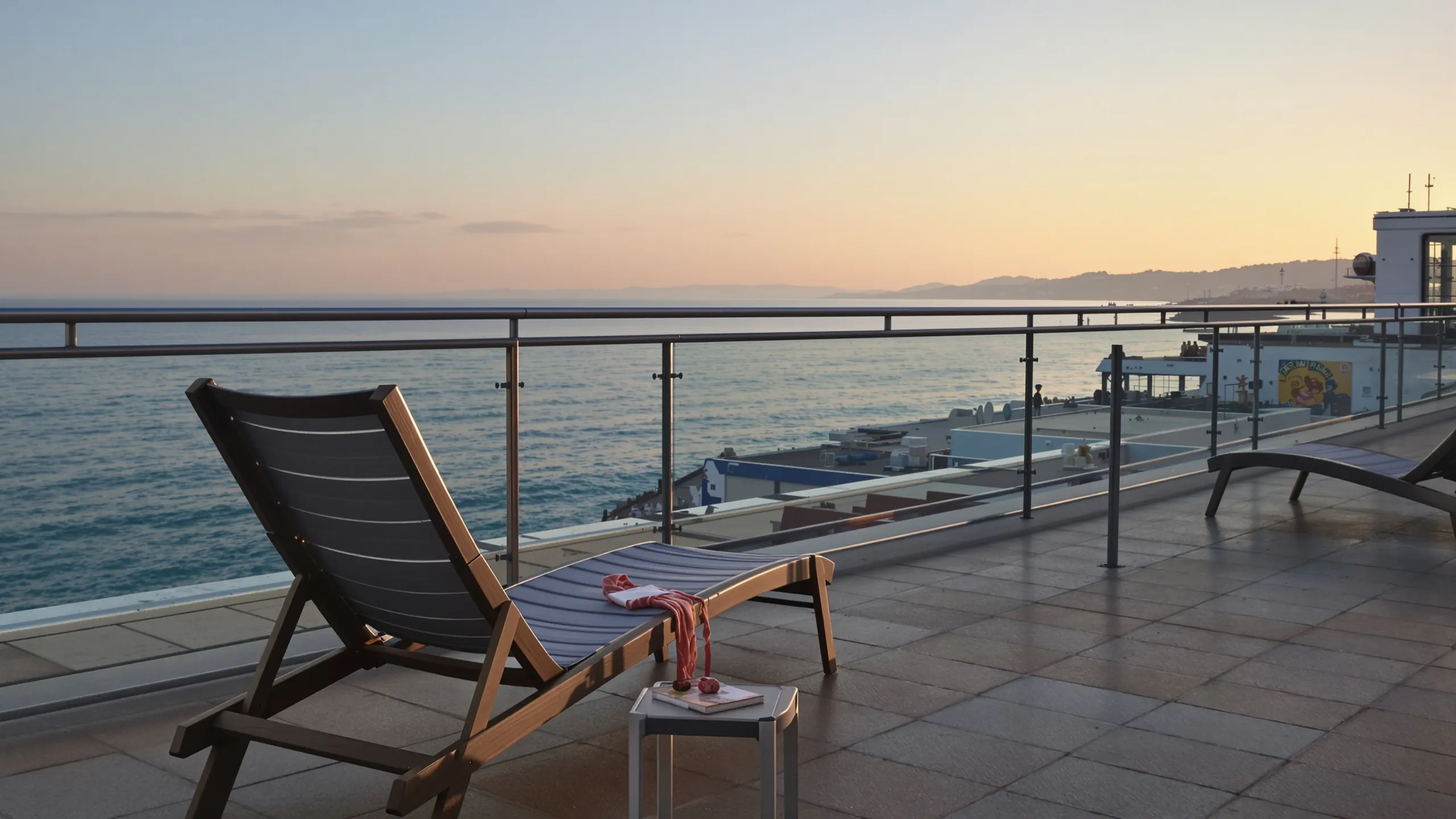 Liegestuhl auf einer Dachterrasse mit Blick aufs Meer im Abendlicht