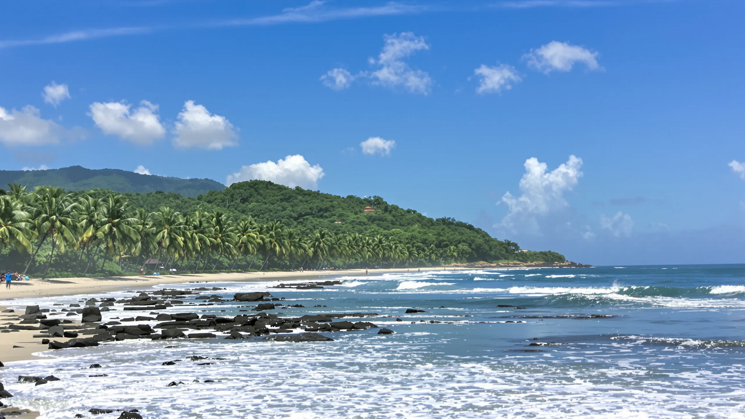 Palmengesäumte Bucht mit Felsen und Brandung unter blauem Himmel in Sri Lanka