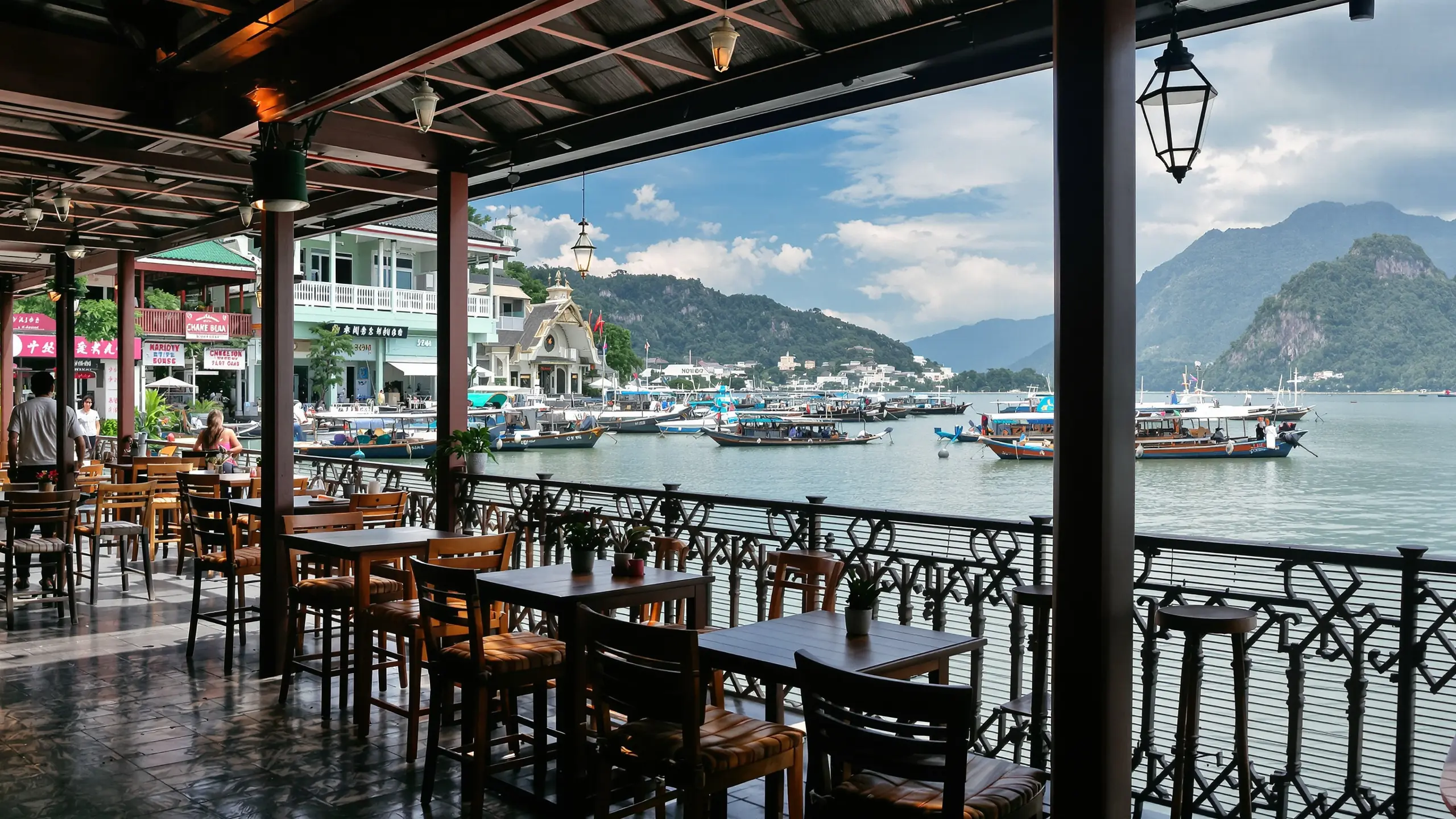 Überdachte Caféterrasse am Wasser mit Blick auf Boote und Karstfelsen
