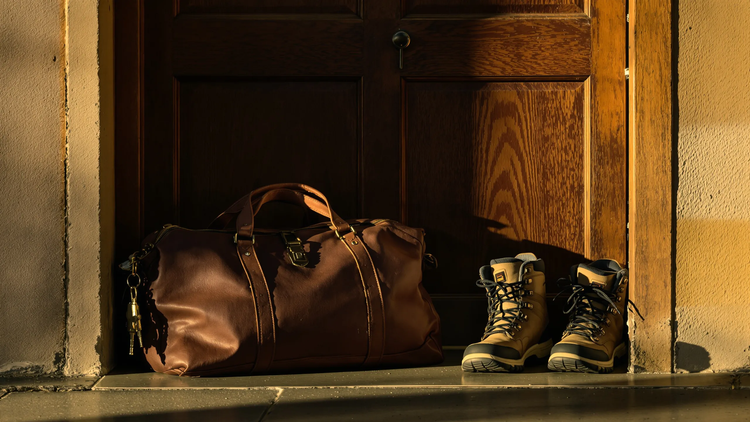 Reisetasche und Wanderstiefel an einer Holztür im Abendlicht