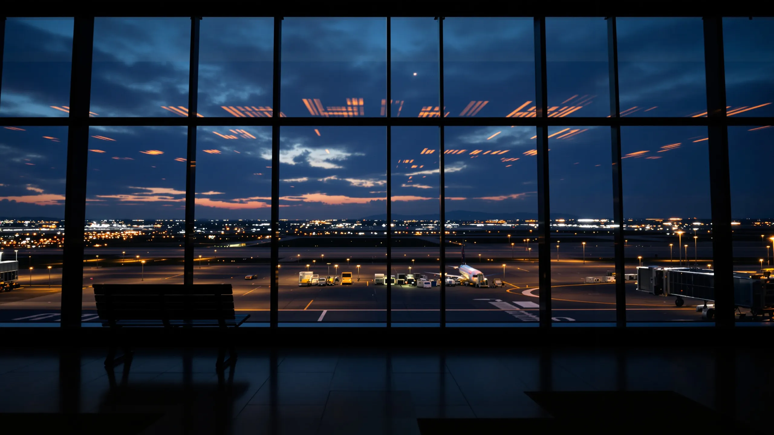 Dunkle Aussichtsterrasse am Flughafen mit Blick auf das nächtliche Vorfeld