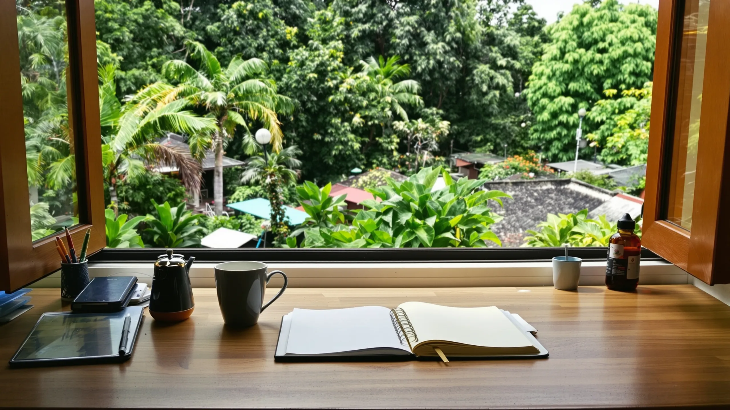 Schreibtisch mit Notizbuch und Kaffeetasse am offenen Fenster mit Blick auf tropisches Grün und Dächer