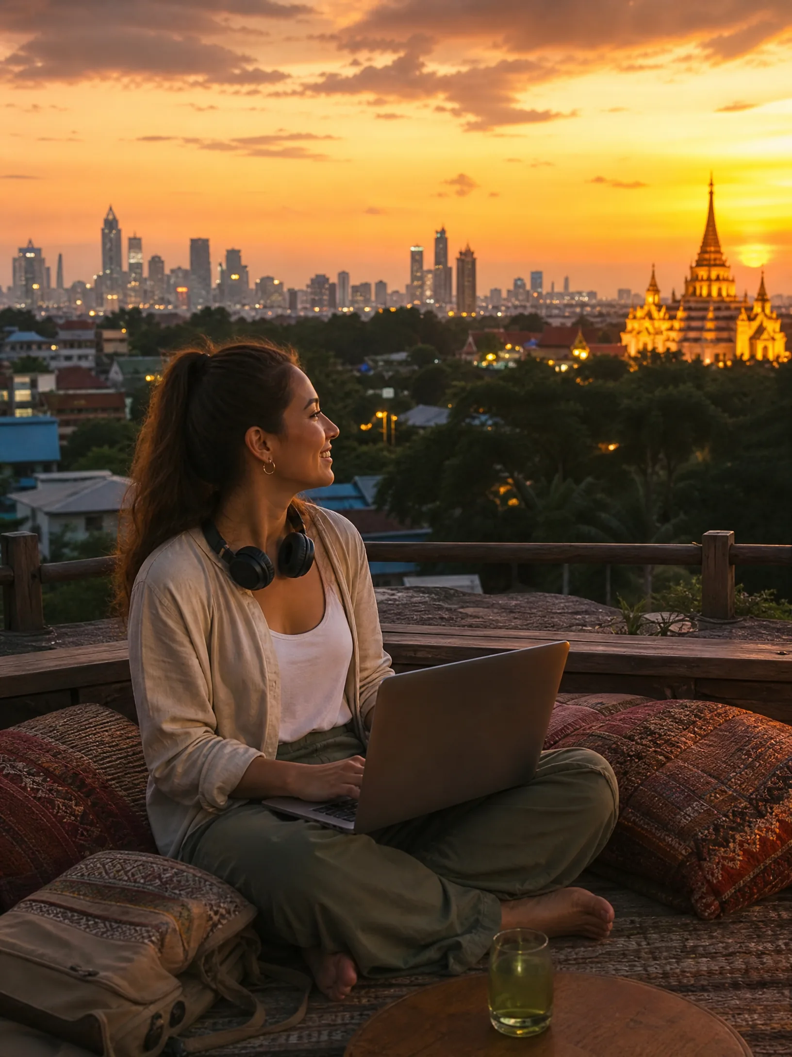 Digital Nomad auf einem Dach bei Sonnenuntergang